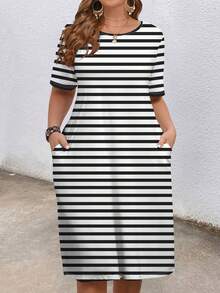EMERY ROSE Plus Size Women Striped Casual Dress With Pockets, Everyday Wear - Multicolor - View 1