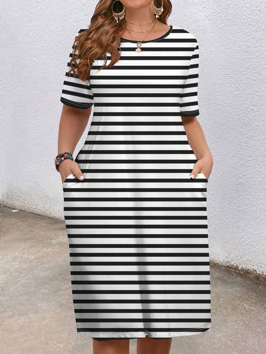 EMERY ROSE Plus Size Women Striped Casual Dress With Pockets, Everyday Wear - Multicolor - View 1