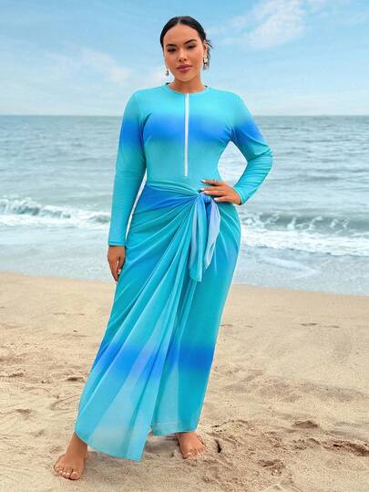 Swim Shayni Conjunto de 3 piezas de 2026 Nuevo mono de mujer talla grande con estampado de teñido anudado, vestido maxi de malla con pañuelo para la cabeza