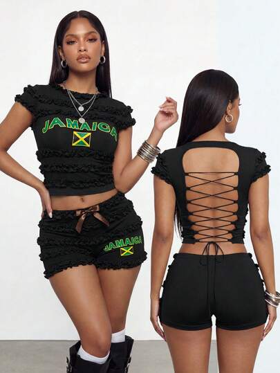Gowayae Gowayae Women's Fashion 2-Piece Set With Bow, Ruffle Trim, Jamaica Flag, Letter Print, Backless Tie Strap Summer 2-Piece Outfit, Retro, Streetwear, Y2K, Soft Girl, Gen Z Sportswear, Sorority, Summer 2-Piece Set With Letter Print