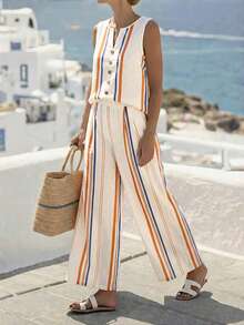 Balvessa 女士夏季梭织条纹印花无袖V领修身背心和阔腿松紧腰裤两件套，休闲度假户外装，印花图案随机 - 彩色 - 查看 3