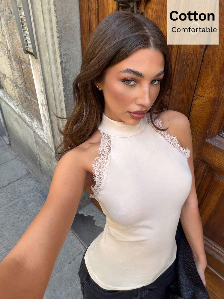 Siren Gaze 女士优雅纯色蕾丝拼接无袖上衣，夏季 - 杏色 - 查看 1