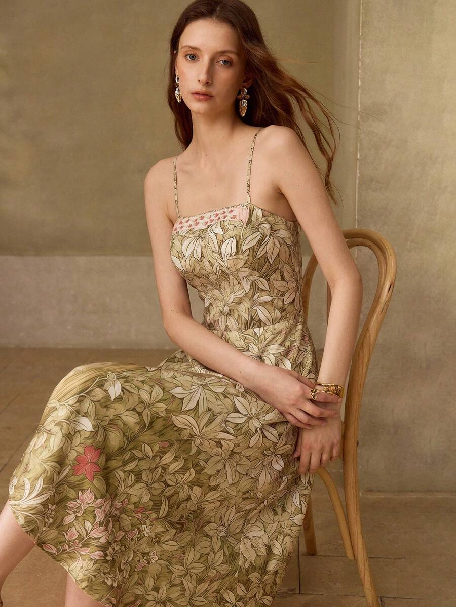 MOTF Soiréza 优雅的吊带无袖派对礼服，饰有叶状花卉、兔子图案、动物纹印花，收腰设计，飘逸的裙摆——非常适合花园派对、休闲外出、周末早午餐和户外庆祝活动。 - 綠色 - 查看 2