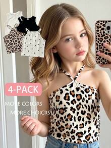 SHEIN Elladie kids 4件套女童Y2K豹纹、波点、爱心图案拼接无袖露脐上衣，修身、柔软舒适，适合度假、海滩派对等场合。豹纹上衣、爱心上衣、白色上衣、黑色上衣——多种款式可自由搭配。 - 彩色 - 查看 5