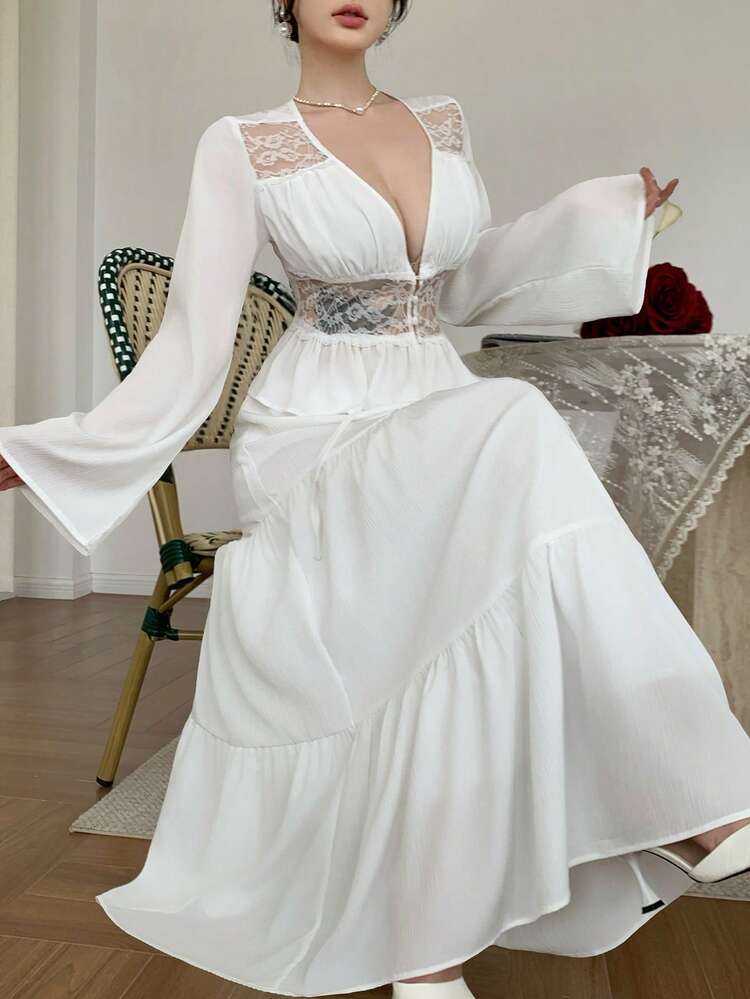 Spring & Summer Casual Vacation Style White Lace Patchwork Shirt & Long Skirt 2-Piece Set For Women
