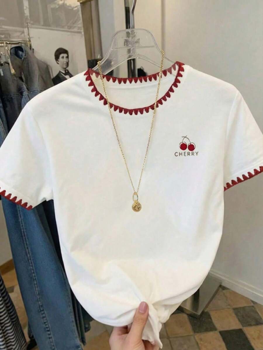 SHEIN 少女休闲可爱百搭甜美白色爱心刺绣图案圆领常规T恤夏季Yk2k上衣花朵T恤适合日常、外出、度假、节日穿着、休闲、新款、返校、放松、返校、少女风T恤樱桃刺绣上衣可爱T恤女王T恤T恤-学校 - 彩色 - 查看 1