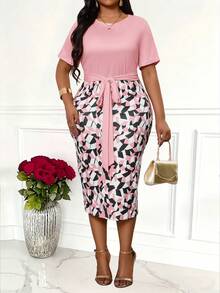 Villa Velisse Plus Size Graphic Print Round Neck Twist Front Short Sleeve Dress - Pink - View 5