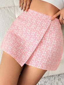 Textured Jacquard Elegant Commuter Solid Color Skort, Suitable For Valentine's Day - Pink - View 5