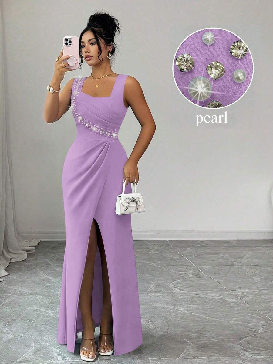 SHEIN Elenzya Gaun Wanita Elegan, Romantis, Lembut, Tanpa Lengan, Leher Persegi, Dekorasi Mutiara, Pinggang Pas, Belahan Ruffle, Gaun Pesta Koktail Ringan, Model Duyung - Mauve Purple - View 1