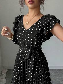 Elenzga Gaun Liburan Elegan dan Romantis untuk Wanita dengan Kerah V Berkerut dan Pinggang Ramping, Model A-Line Motif Polkadot - MultiWarna - View 5