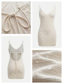 MAIJA Holiday Crochet Mesh V-Neck Spaghetti Strap Bodycon Dress, Summer Beach Boho Beige Women's Clothing Resort Outfit Vacation Country Concert - Apricot - View 3