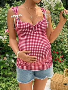 SHEIN 孕妇夏季休闲格子褶皱系带吊带背心 - 紅白色 - 查看 4