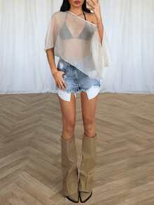 TRNVIE 闪亮银线披肩斗篷，不对称肩部设计，白色女式衬衫，春夏假日风情 - 杏色 - 查看 1