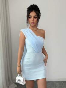SHEIN Clasi Women's Elegant Romantic Textured One-Shoulder Bodycon Dress, Summer - Blue - View 5