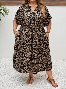 SHEIN CURVE+ 大码女式婴儿连衣裙、宽松连衣裙、夏季短袖连衣裙、宽松舒适的大码服装、印花连衣裙、度假连衣裙、女士休闲连衣裙、返校节连衣裙、女士教堂连衣裙、女士休闲连衣裙、教师服装、大码泡泡裙、秋季女装、工作连衣裙、外出连衣裙、休闲连衣裙 - 棕色 - 查看 3
