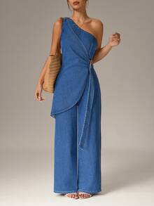 SHEIN PETITE 女士休闲牛仔连体裤，带背带，适合日常穿着 - 藍色 - 查看 5