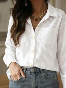 Blusa romántica de San Valentín con cuello de camisa, manga larga y decoración de corazón dorado, elegante y de moda para uso diario en color rojo rosado - Blanco - Ver 3