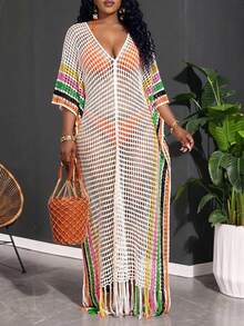 SHEIN CURVE+ 露背针织透视连衣裙长款女装 - 彩色 - 查看 3