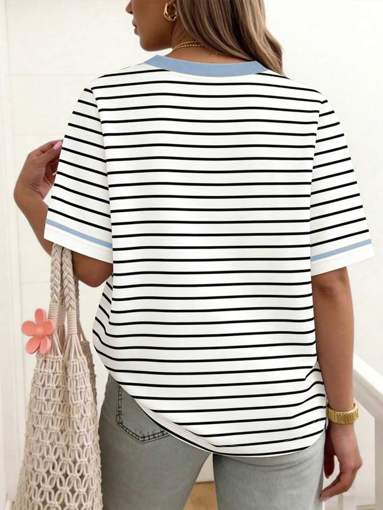 Striped Round Neck Casual Short Sleeved T-Shirt, Plus Size Women's T-Shirt, Summer - Multicolor - View 2
