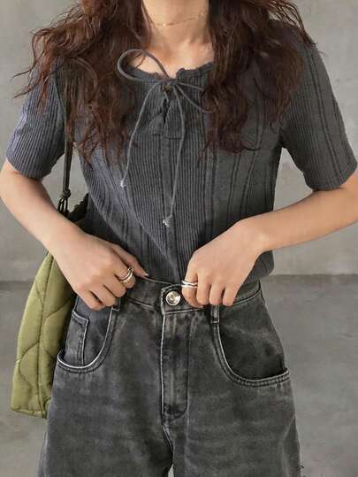 FRIFUL Women's Casual Criss-Cross Strap Short Sleeve T-Shirt, Summer