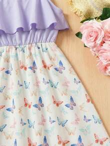 SHEIN 少女休闲碎花拼接纯色吊带连衣裙 - 淡紫色 - 查看 4