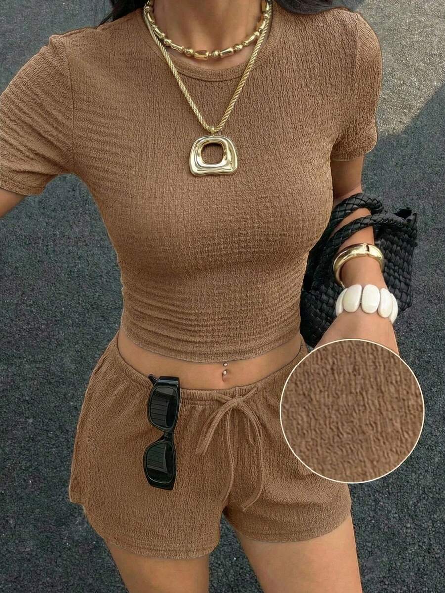 SHEIN EZwear Bộ đồ mặc nhà dệt kim màu kaki thoải mái dành cho nữ - Màu Khaki - Xem 1
