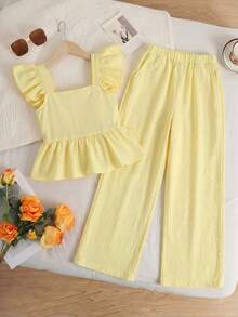 SHEIN 少女休闲拼接撞色荷叶边衬衫和裤子两件套 - 黃色 - 查看 11
