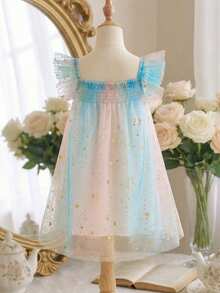 FernGlow 女童网纱星形图案闪光涂鸦梦幻渐变连衣裙，非常适合返校季、独立日、国旗日、万圣节、圣诞节、派对、生日、聚会、公主裙。 - 彩色 - 查看 6