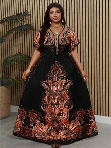 Villa Velisse Plus Size Women's Placement Print Dress, Romantic For Dates, Casual Commute, Versatile Fashion, Suitable For Spring/Summer - Multicolor - View 3