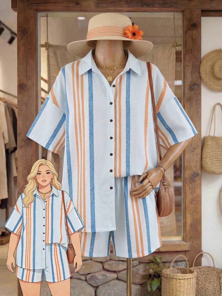 Plus Size Women Single-Breasted Patchwork Top And Shorts Casual 2 Pieces Set Women's Country Clothing Beach Outfits For Women  Female Country Look Summer Outfits For Women Shirts For Woman Summer Cruise Outfit For Women Resort Wear Zulu Traditional Dress For Women Africa