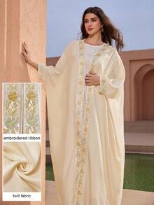 Graceveil Women's Elegant Floral Embroidery Splice Batwing Sleeve Loose Arabic Abaya Robe Kuwait Abaya Plus Size Filipiniana - Apricot - View 4