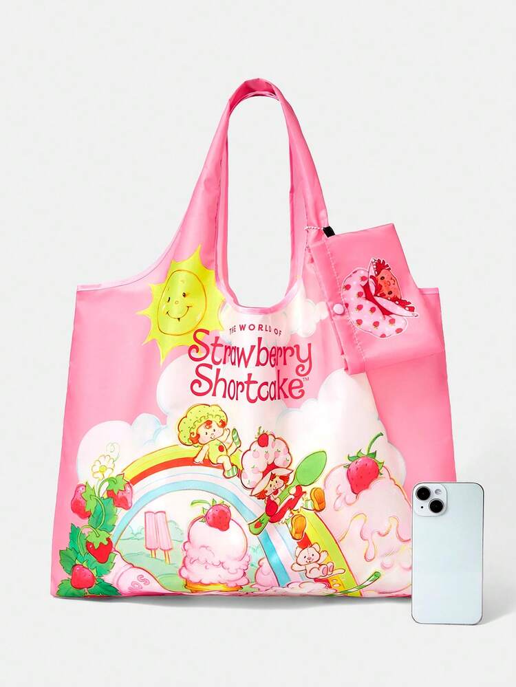 Strawberry Shortcake X SHEIN Túi tote họa tiết thời trang gấp gọn nhẹ in hoa văn, túi mua sắm, túi đeo vai di động, túi đựng thẻ, dùng cho đi mua sắm, dạo phố, v.v. - Bột nhẹ + nhiều màu - Xem 4