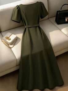 SHEIN PETITE CURVE Plus Size Women Summer Brown Maxi Dress, Elegant Soft Fabric Sleeveless Faux Denim Long Dress, Autumn Dinner Vacation Casual Commuter S Woman - Dark Green - View 3
