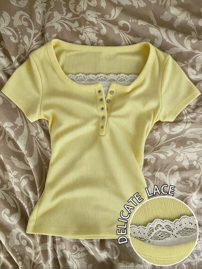Glimmora Women Lace Trim 2 In 1 Short Sleeve T-Shirt