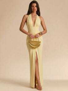 SHEIN BAE Women's Spring/Summer Deep V-Neck Floral Ruffle Front Slit Dress, Yellow Dress, Elegant Dress,Summer Dresses For Women - Yellow - View 4