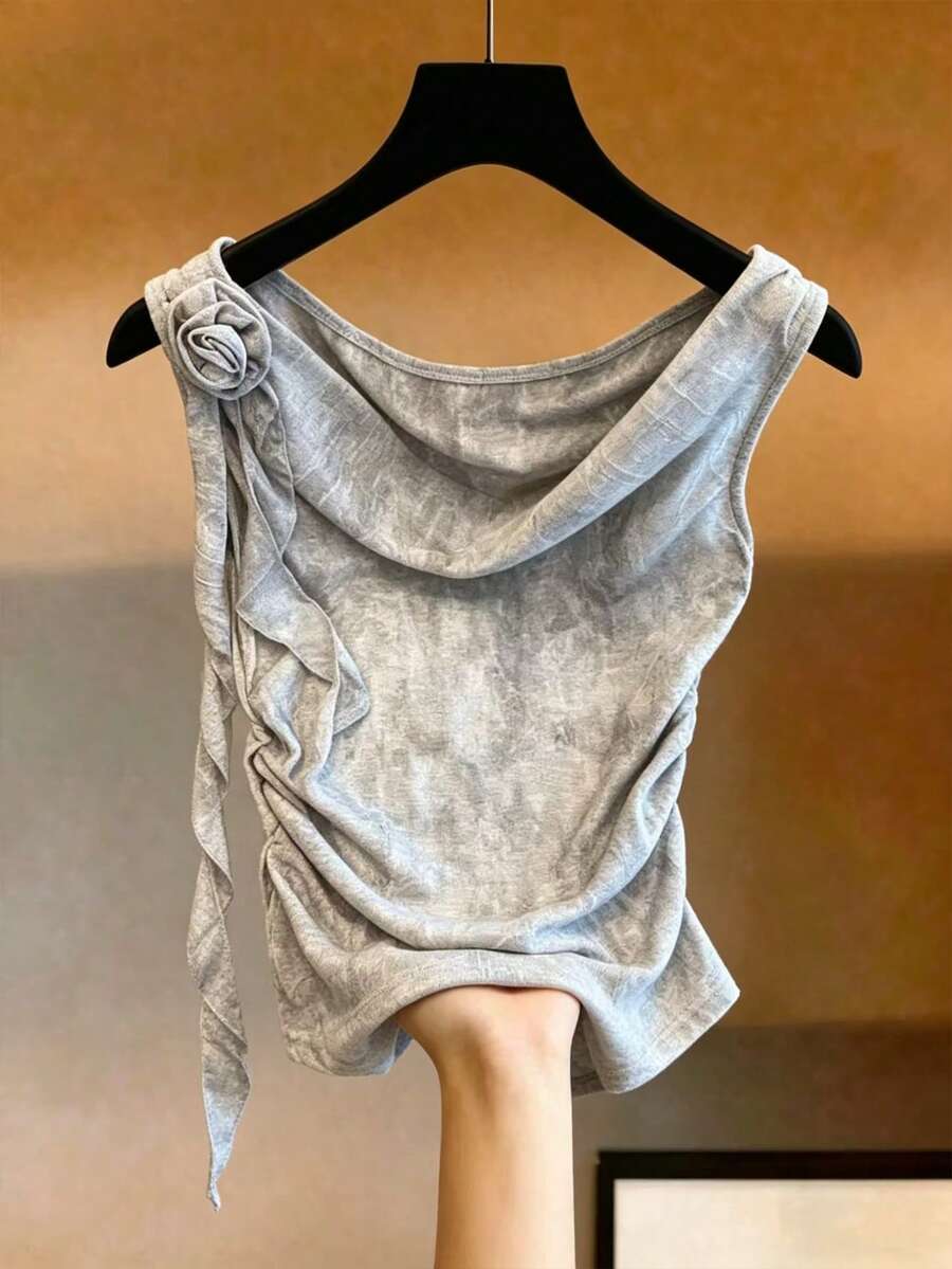 GlowEve Women's Tie Dye Ruffle Neck 3D Floral Print T-Shirt - Multicolor - View 1