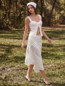 ROMWE Casual Versatile Romantic Black & White Polka Dot Lace Patchwork Asymmetrical Hem Skirt - Black and White - View 5
