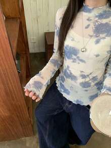 DAZY 女款休閒波點長袖韓風T恤，夏季圖案印花上衣 - 藍色 - 查看 2
