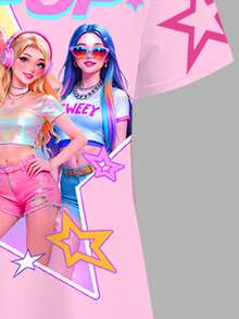少女休闲简约卡通女孩肖像连衣裙，五角星图案，奶油粉色，K-Pop 超级明星，卡通女子组合，短袖连衣裙，适合夏季、返校、外出，可与姐妹装搭配 - 彩色 - 查看 6