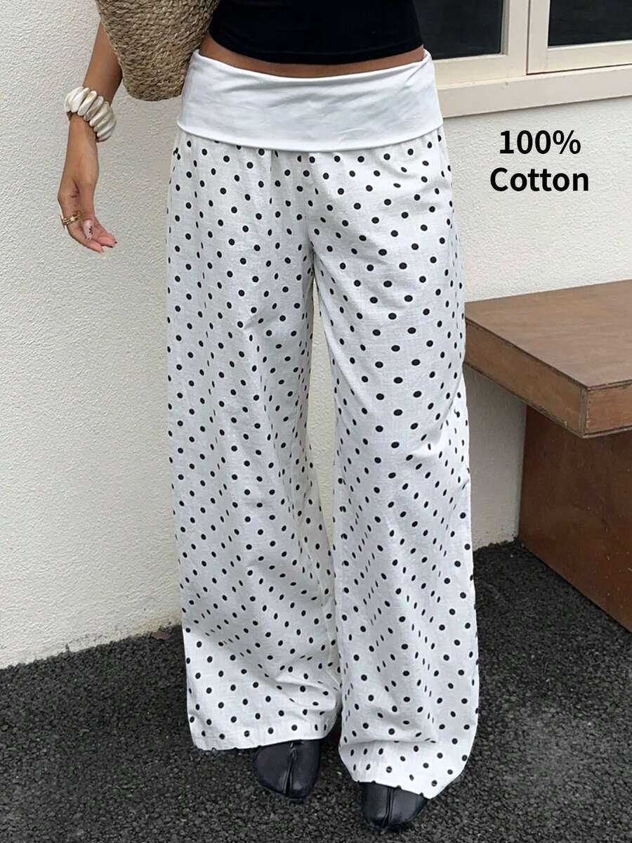 SHEIN EZwear 女士波点印花休闲宽松裤，适合春夏穿着 - 黑與白 - 查看 1