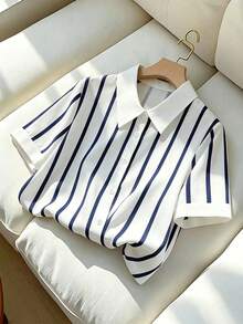 SHEIN PETITE Coastal Navy Blue And White Summer Shirt Featuring Contrasting Collar,Loose Fit Short Sleeve Blouse For Office,Vacation,Casual Occasions,Petite Women - Blue and White - View 1