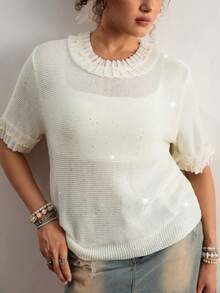 Freevana Plus Size Women's Elegant Romantic Style | Cream Pearl Embellished Ruffle Trim Short Sleeve Knit Top - Sparkly Sequin Sheer Loose Pullover Sweater - Beige - View 4