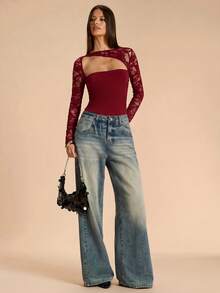SHEIN BAE Asymmetric Asymmetrical Shoulder Long Sleeve Lace Bodysuit, Black Lace Bodysuit, Spring/Summer - Burgundy - View 7