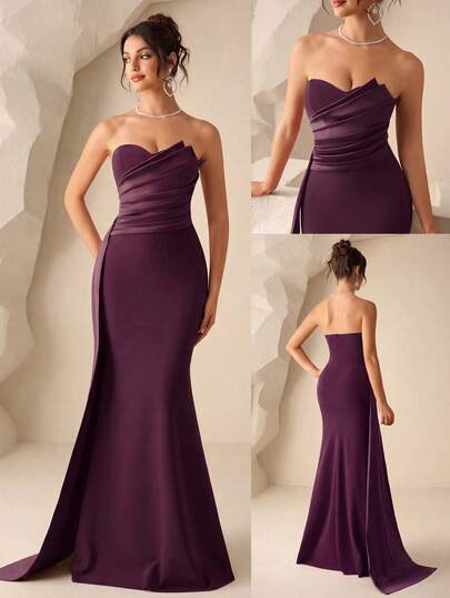 Coutiva Women's Fashion Ruched Fishtail Hem Elegant Strapless Dress, Bridesmaid Gown