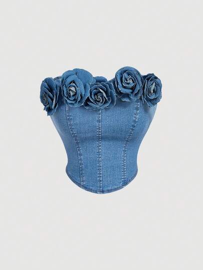 SHEIN MOD Women's 3D Floral Decor Denim Bustier Top