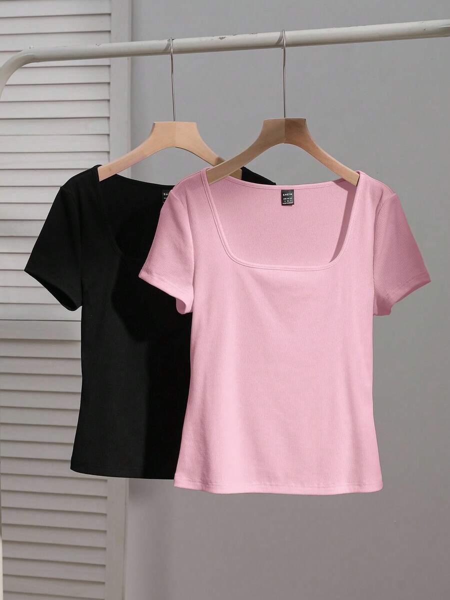 SHEIN EZwear 两件套女士方领短袖休闲修身性感T恤,黑色和粉色,适合夏季穿着 - 彩色 - 查看 1
