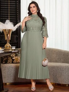 Modelyn Plus Size Solid Color Embroidered Pleated A-Line Casual Dress For Women Fall - Green - View 8
