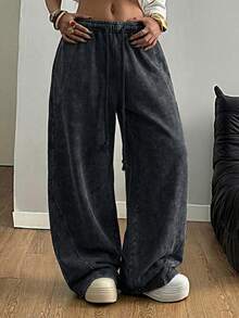 SHEIN Tall CURVE 大尺碼純色極簡休閒長褲 - 黑色 - 查看 6