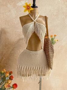 Soleia 女士夏季度假流苏吊带上衣和迷你裙两件套 - 杏色 - 查看 7