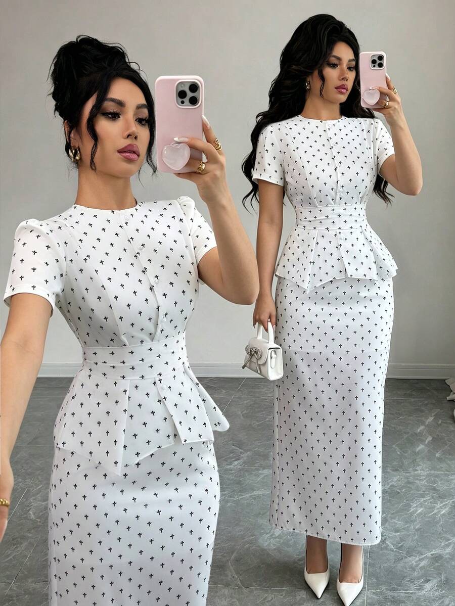 Rafferiza Women's Elegant Pearl Button Blouse + Split Hem Skirt 2 Pieces Set - White - View 1